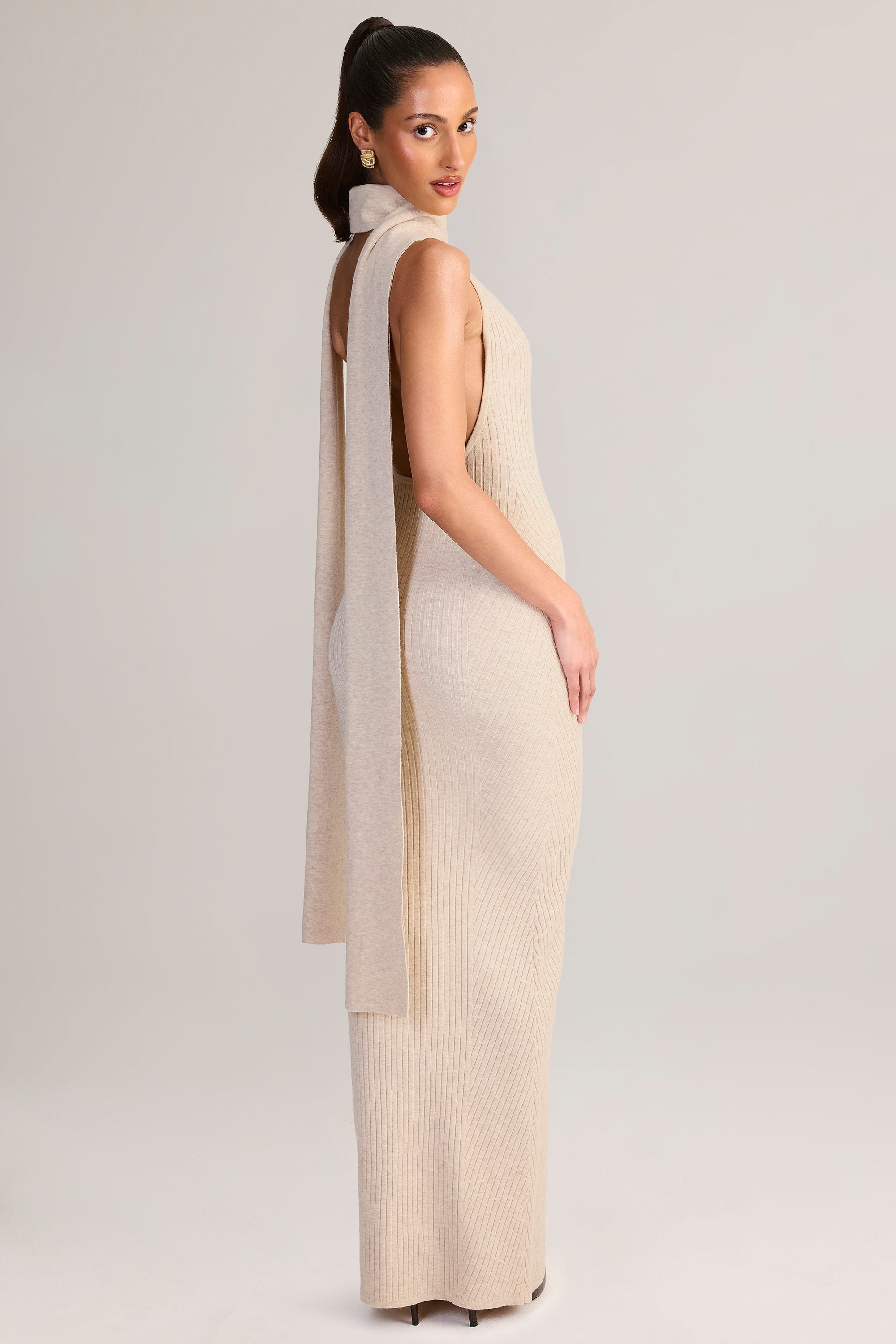 Knit Scarf-Detail Halterneck Maxi Dress in Cream