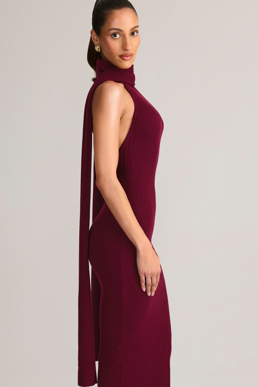 Knit Scarf-Detail Halterneck Maxi Dress in Wine