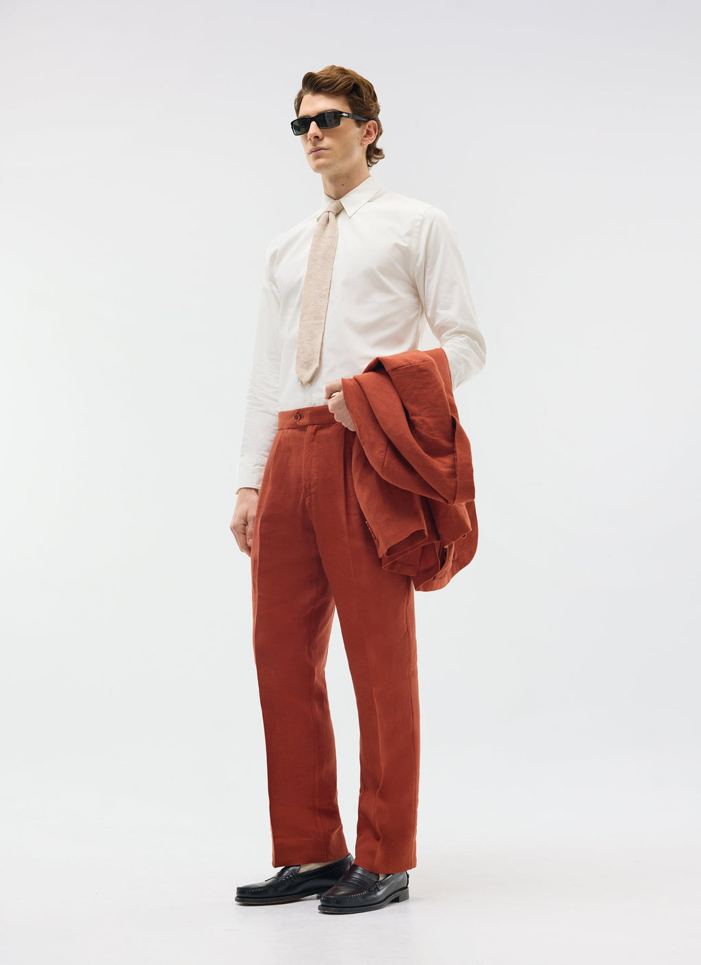 Pleated Tailored Trousers | Linen | Rust
