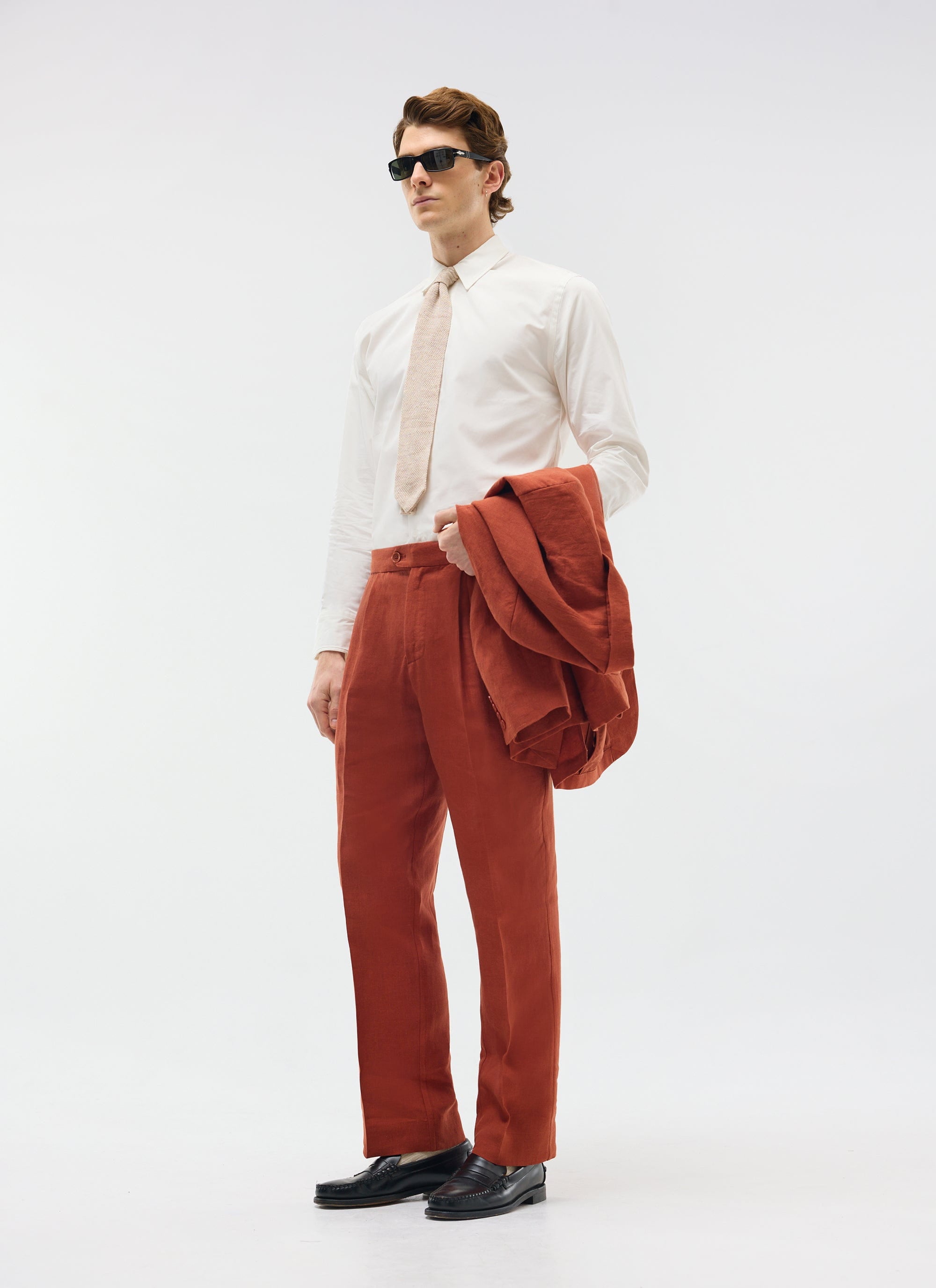 Pleated Tailored Trousers | Linen | Rust