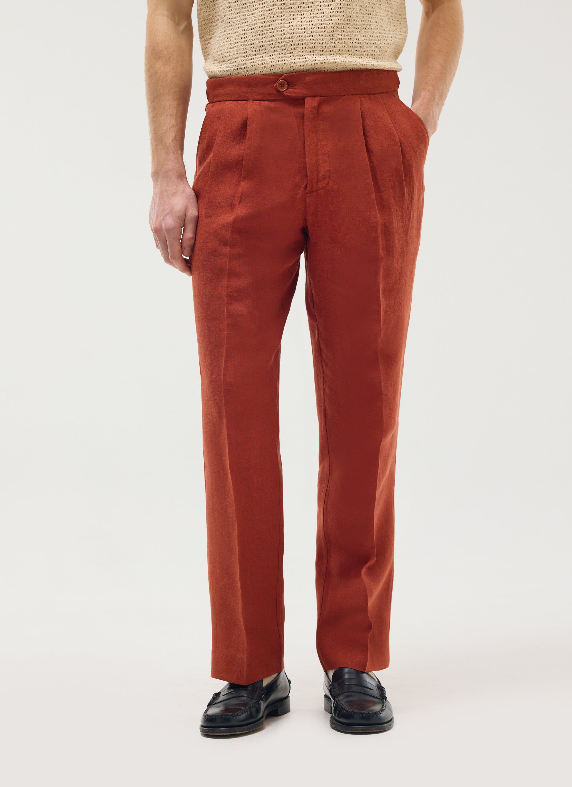Pleated Tailored Trousers | Linen | Rust