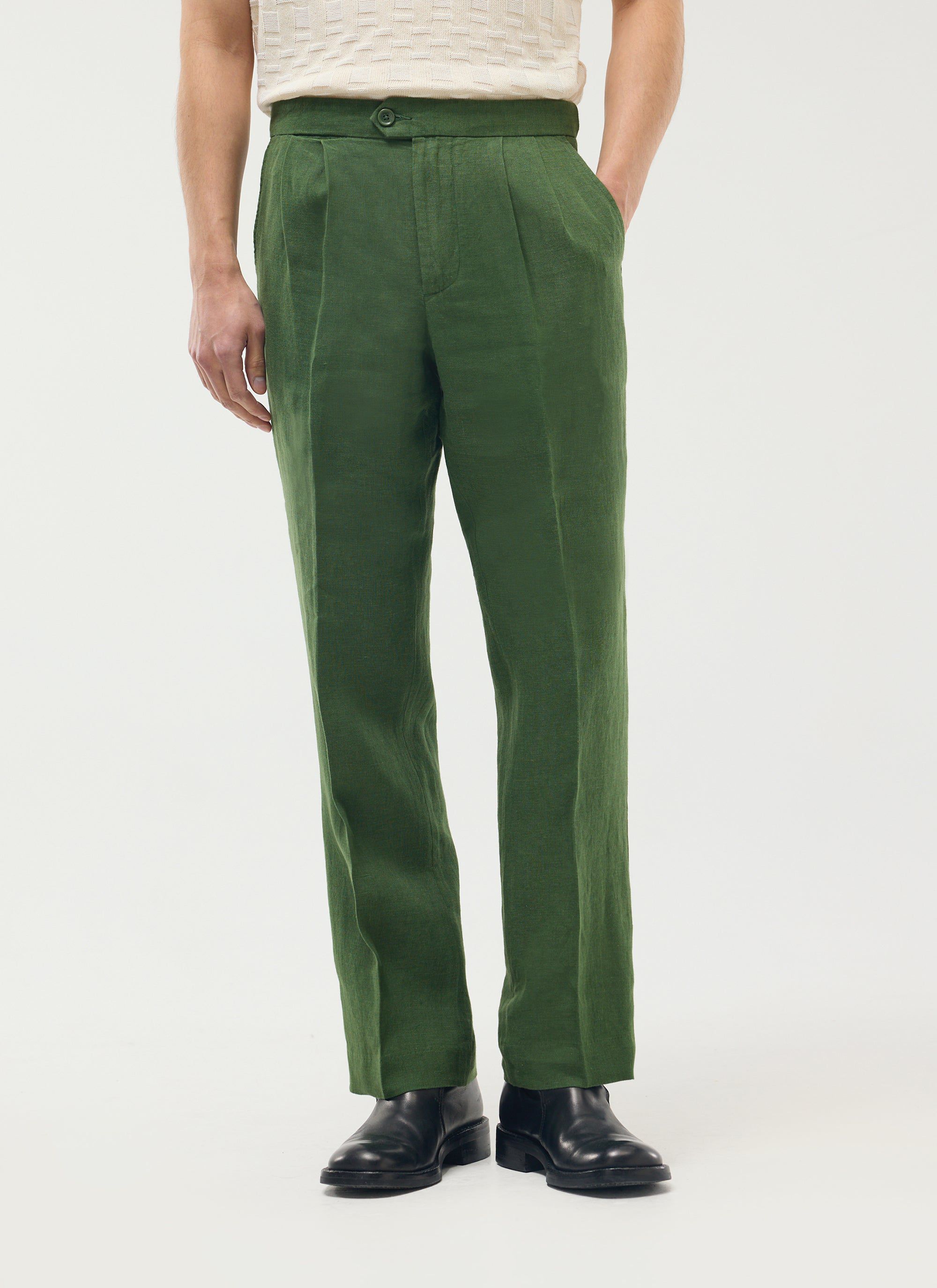 Pleated Tailored Trousers | Linen | Forest