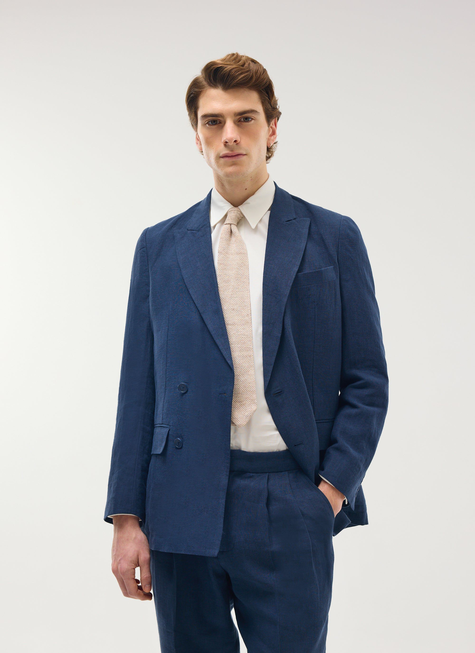 Tailored Double Breasted Blazer | Linen | Navy