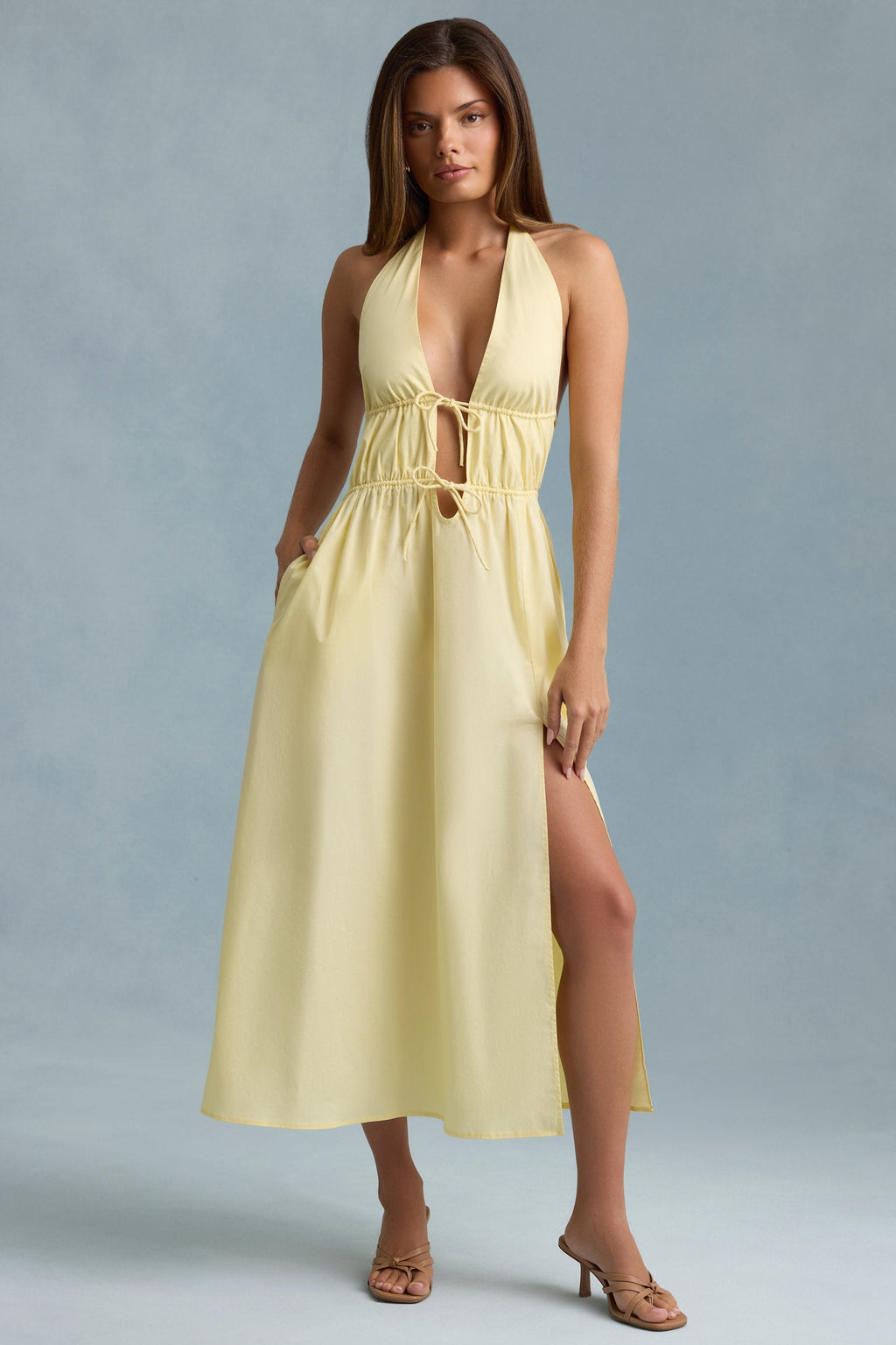 Backless Cotton-Poplin Maxi Dress in Lemon Yellow