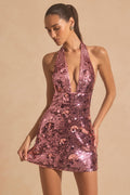 Sequin-Embellished Halterneck Mini Dress in Pink