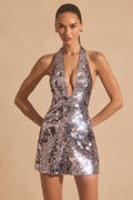 Sequin-Embellished Halterneck Mini Dress in Silver