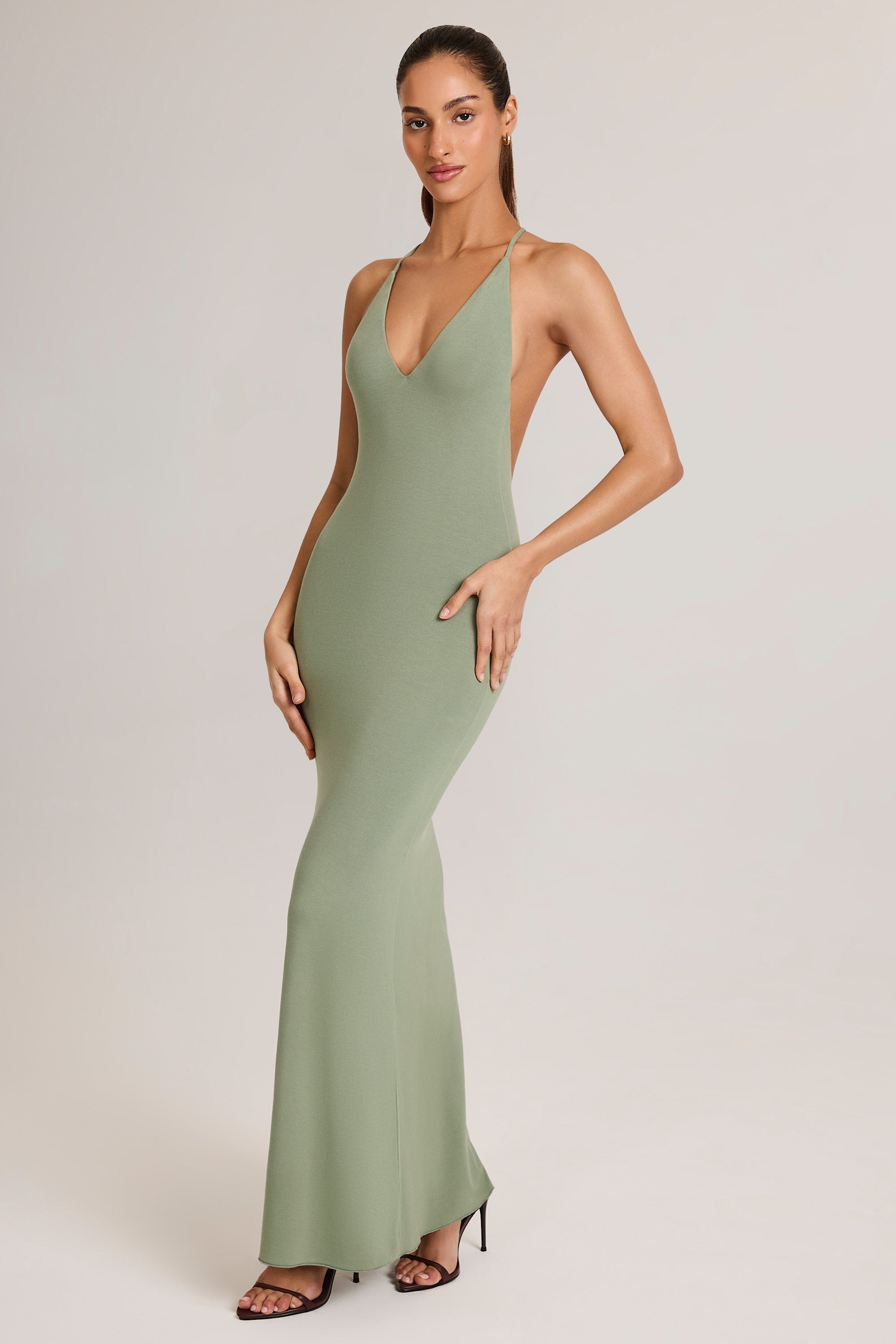 Modal Plunge Backless Maxi Dress in Sage Green