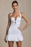 Bow-Detail Halterneck Bubble Hem Mini Dress in White