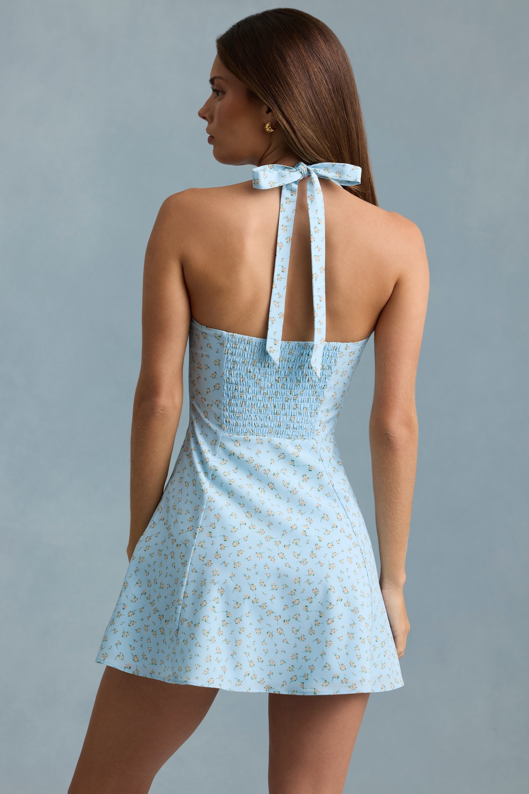 Halterneck A-Line Mini Dress in Blue Flower Print