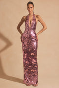 Sequin-Embellished Halterneck Maxi Dress in Pink
