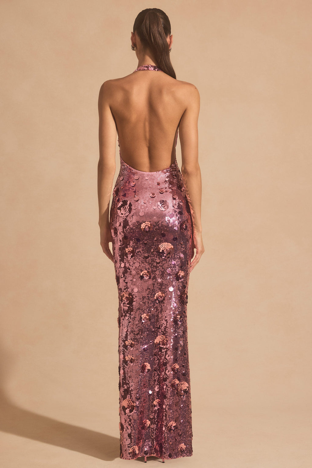 Sequin-Embellished Halterneck Maxi Dress in Pink