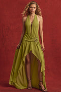 Asymmetric Halterneck Maxi Dress in Olive Green