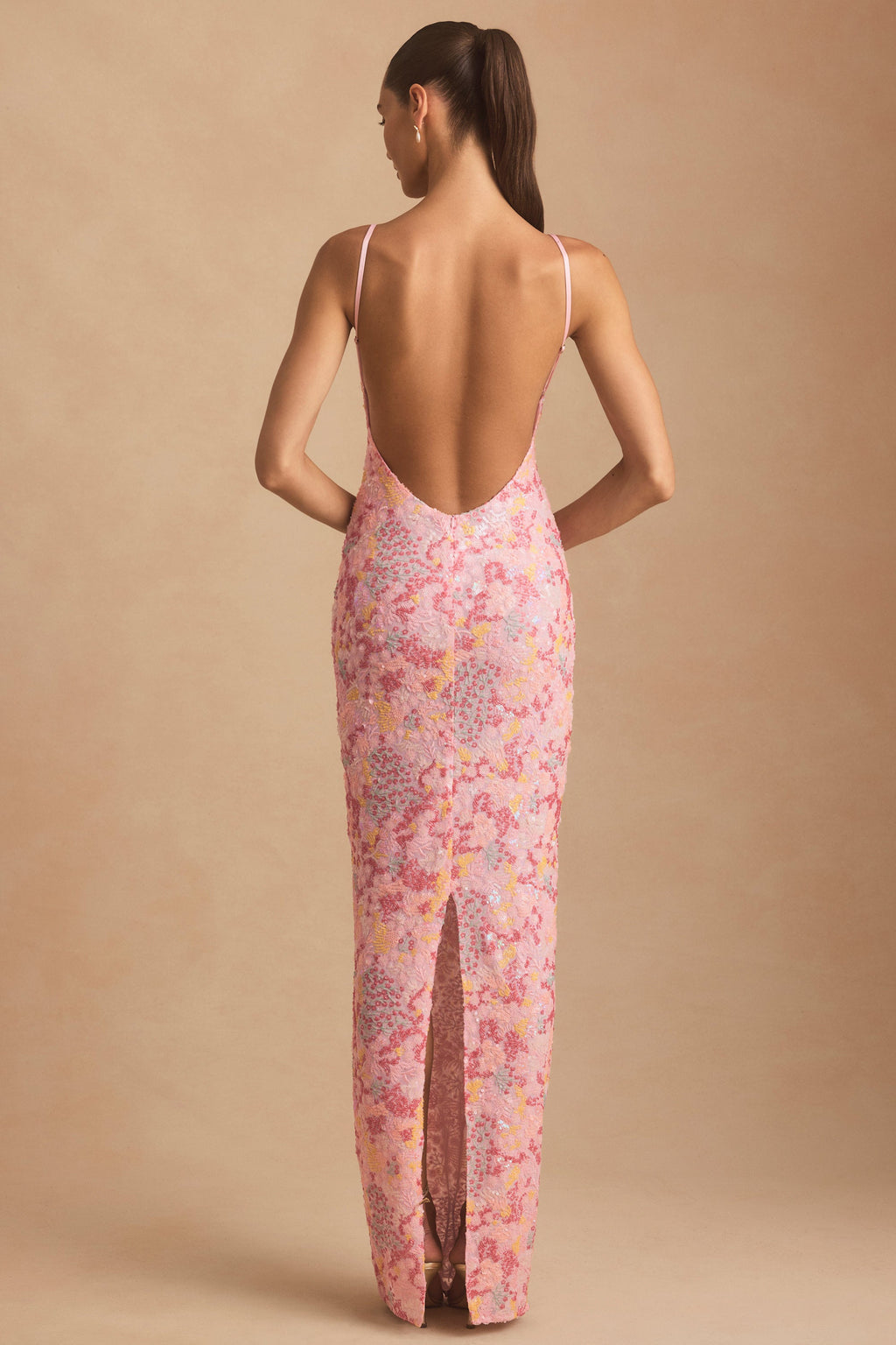 Embellished Scoop-Neck Backless Maxi Dress in Pink