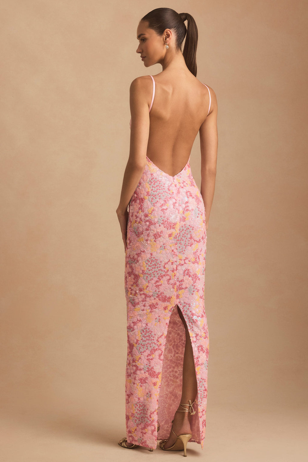 Embellished Scoop-Neck Backless Maxi Dress in Pink