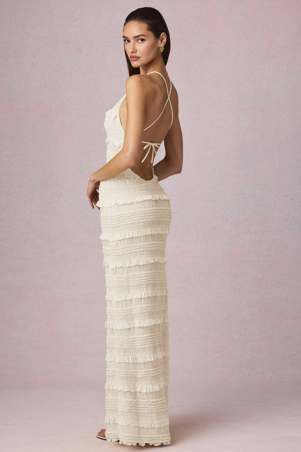Ruffled Backless Halterneck Maxi Dress in Ivory