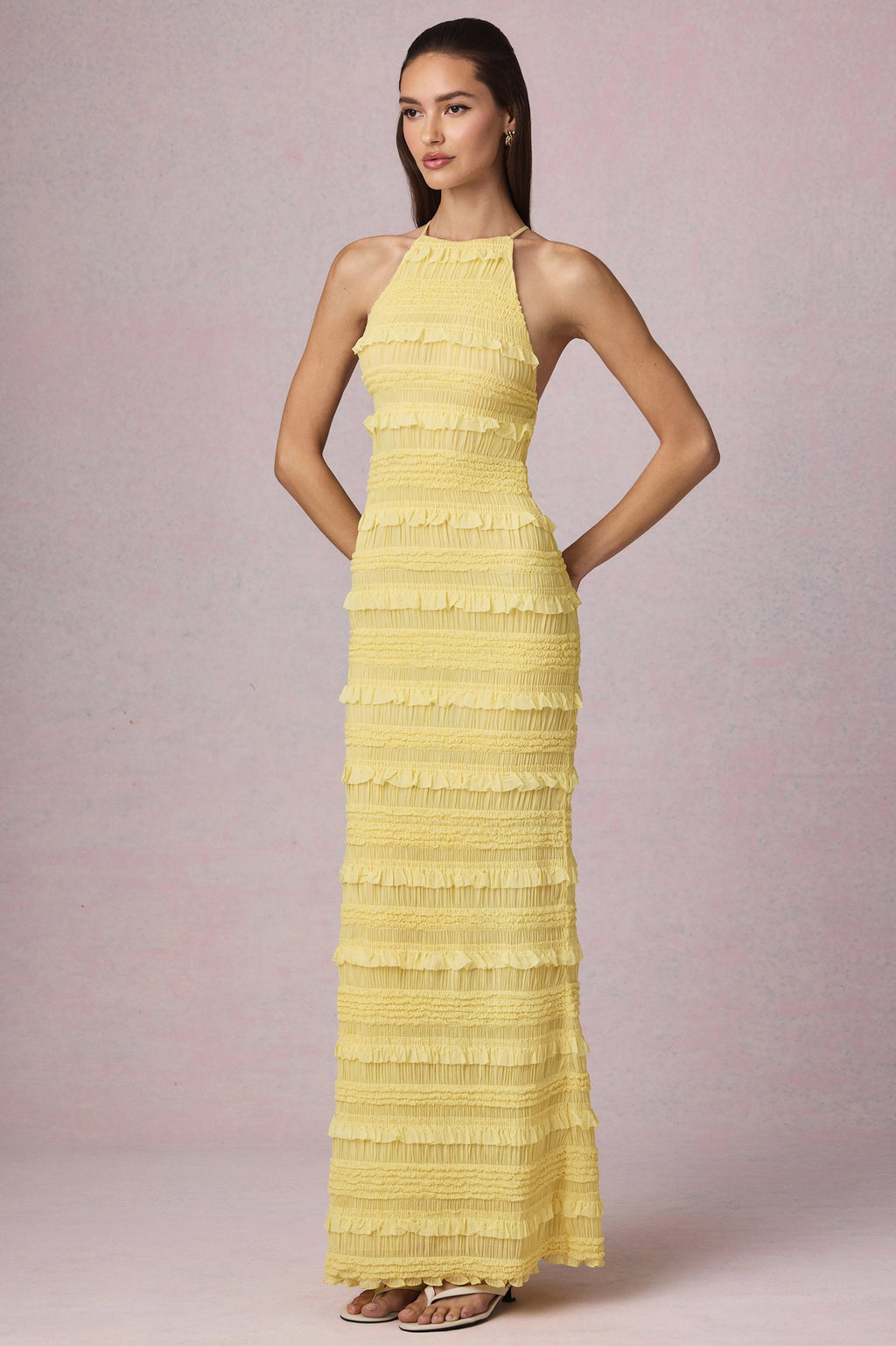 Ruffled Backless Halterneck Maxi Dress in Lemon Yellow